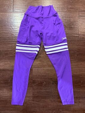 Purple Athletic Leggings with White Stripes